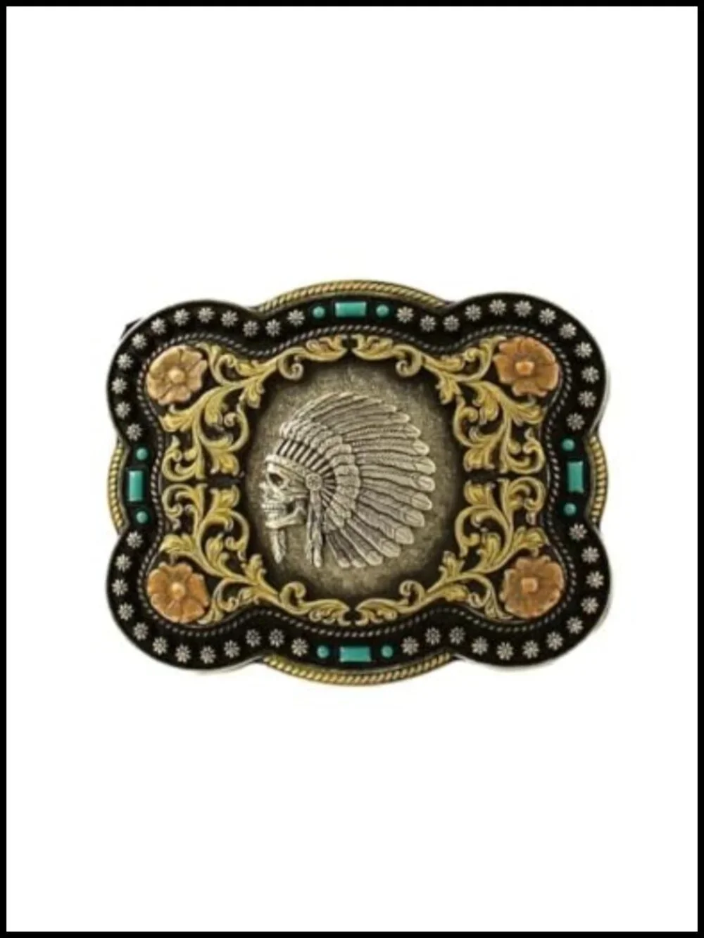 Western Belt Buckle with Floral Scroll and Turquoise Accents